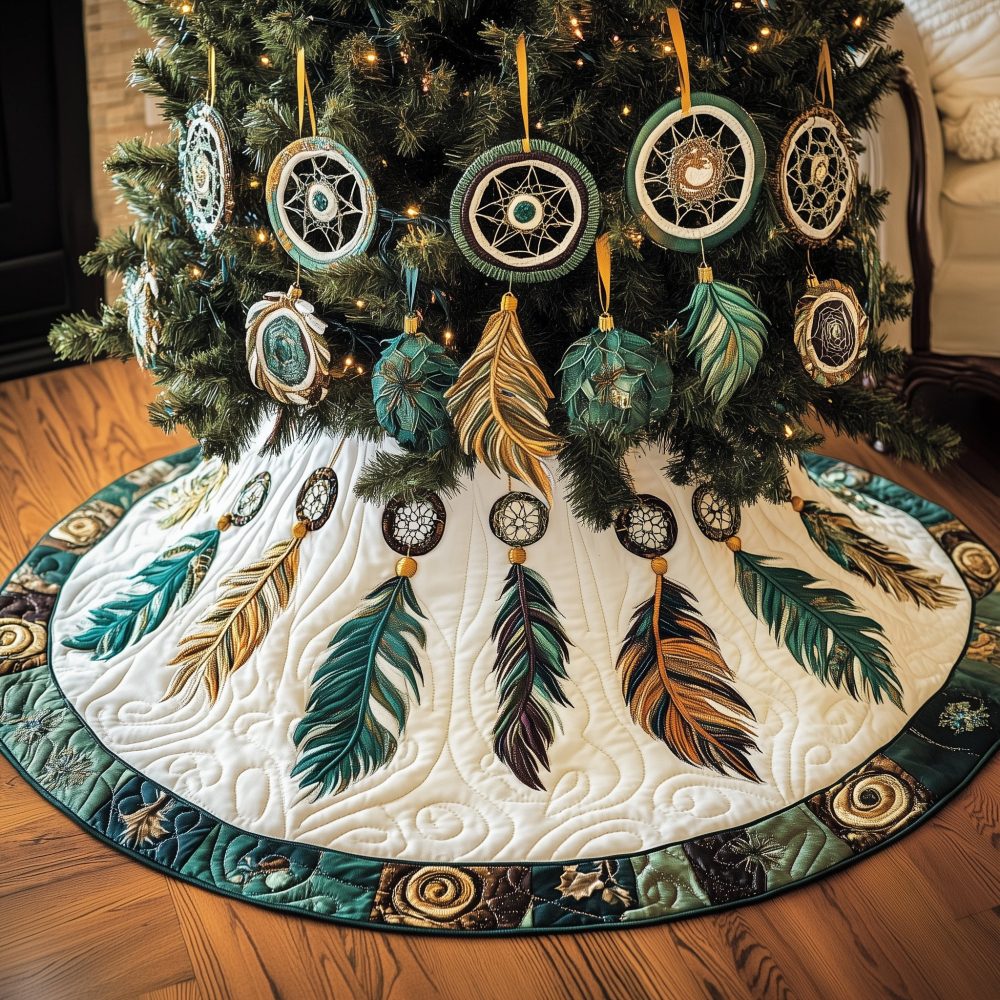Teal Feather Dreamcatcher Christmas Tree Skirt - Made-To-Order Boho Holiday Décor, Handcrafted For Stylish Trees