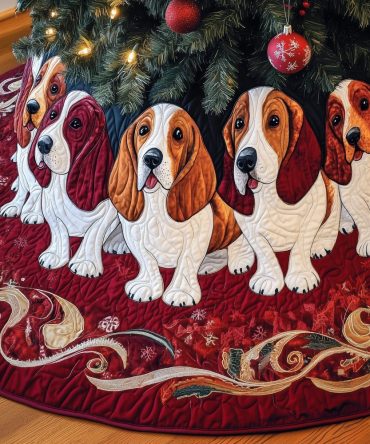 Basset Hounds On Red Swirl Christmas Tree Skirt - Made-To-Order Handmade Holiday Skirt For Dog Lovers & Pet Homes