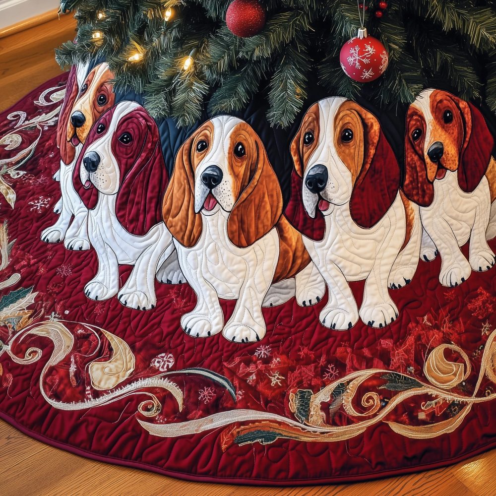 Basset Hounds On Red Swirl Christmas Tree Skirt - Made-To-Order Handmade Holiday Skirt For Dog Lovers & Pet Homes