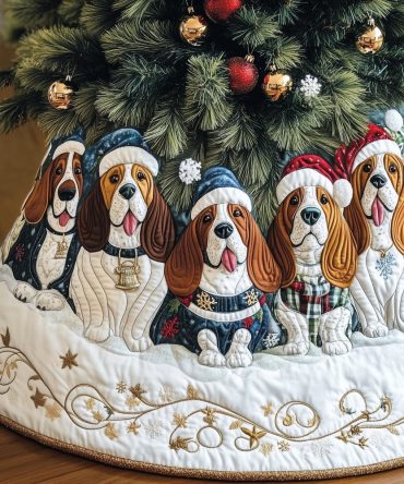 Adorable Basset Hounds In Santa Hats Christmas Tree Skirt - Handmade White Holiday Skirt, Made-To-Order For Dog Lovers