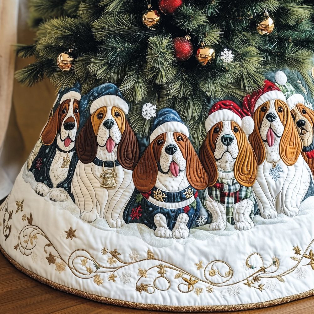 Adorable Basset Hounds In Santa Hats Christmas Tree Skirt - Handmade White Holiday Skirt, Made-To-Order For Dog Lovers