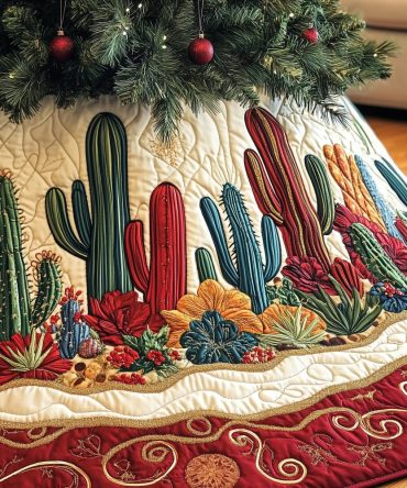 Southwest Cactus Christmas Tree Skirt — Handmade Desert Holiday Skirt With Cactus Motifs, Custom Sizes & Vibrant Southwestern Colors