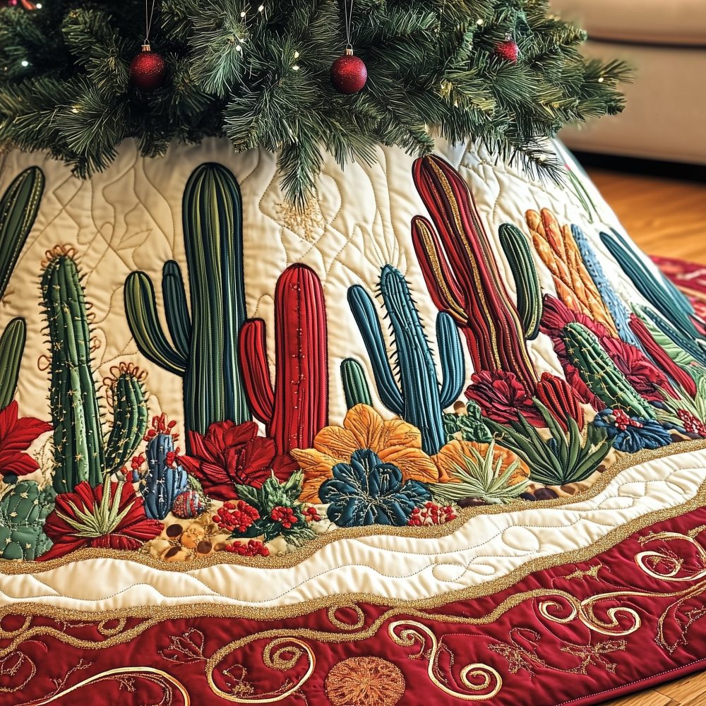 Southwest Cactus Christmas Tree Skirt — Handmade Desert Holiday Skirt With Cactus Motifs, Custom Sizes & Vibrant Southwestern Colors