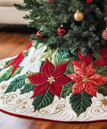 Poinsettia Bloom On Snow Swirl Christmas Tree Skirt — Winter White & Red Holiday Skirt, Custom Sizes, Elegant Snowy Motif