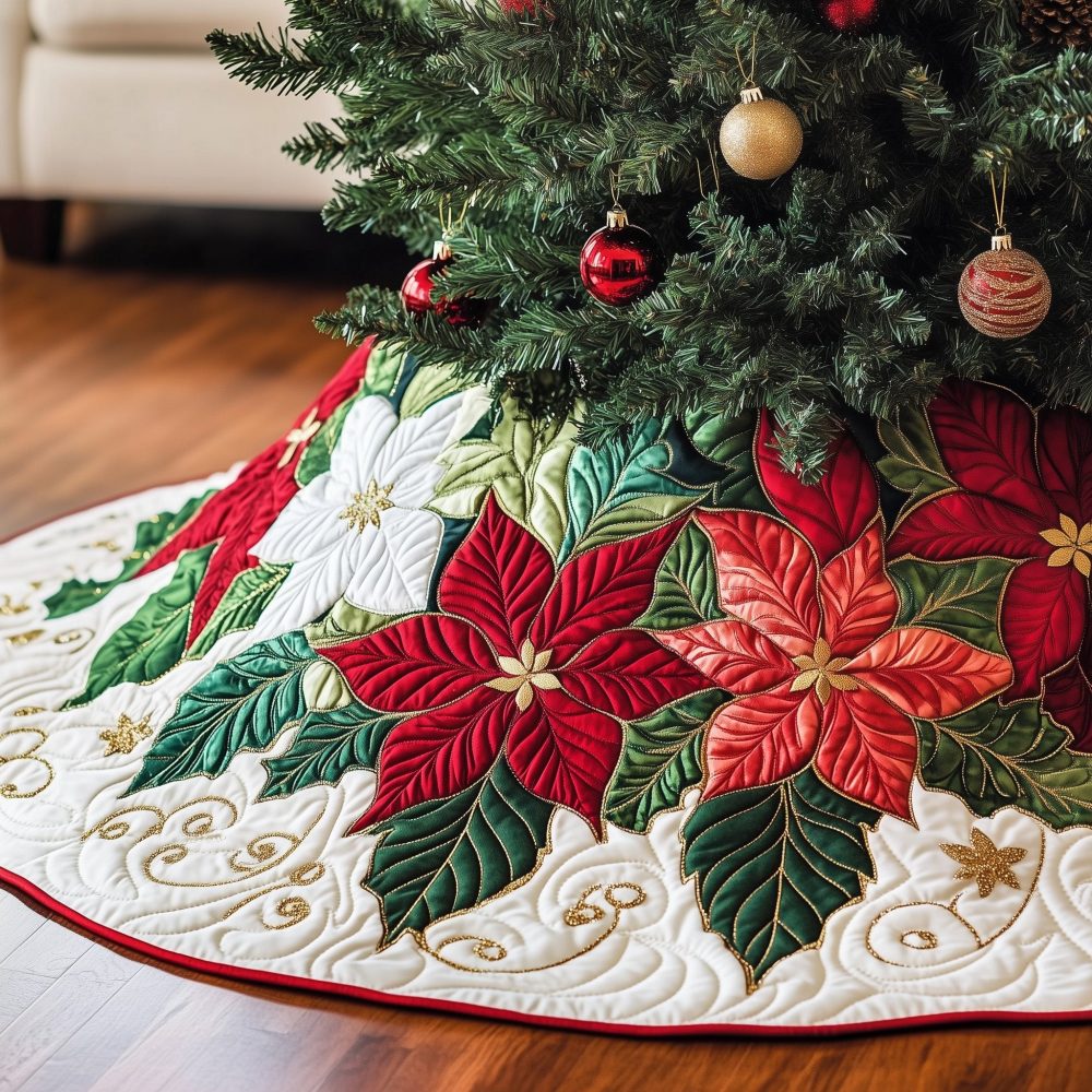 Poinsettia Bloom On Snow Swirl Christmas Tree Skirt — Winter White & Red Holiday Skirt, Custom Sizes, Elegant Snowy Motif