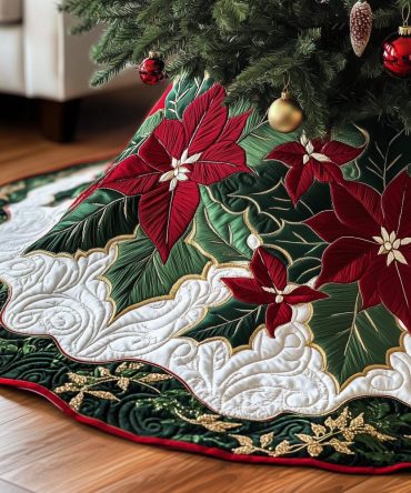 Poinsettias With Evergreen Trim Christmas Tree Skirt — Classic Holiday Red & Green Skirt, Handmade, Custom Sizes & Durable Finish