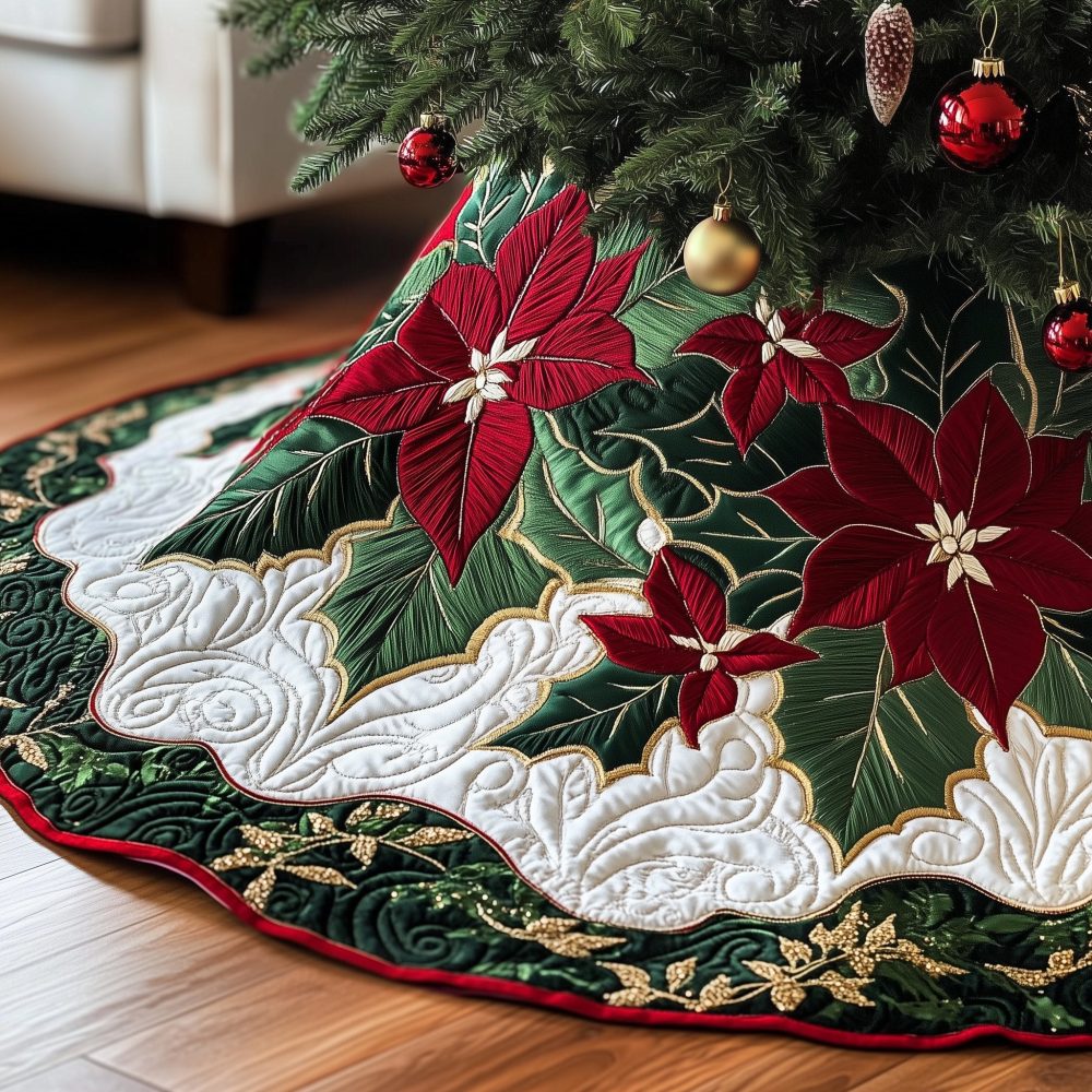 Poinsettias With Evergreen Trim Christmas Tree Skirt — Classic Holiday Red & Green Skirt, Handmade, Custom Sizes & Durable Finish