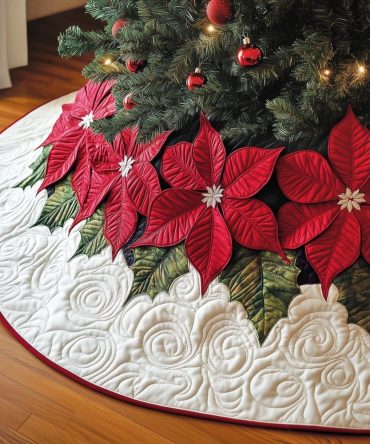 Red Poinsettia Crown Ring Christmas Tree Skirt — Regal Holiday Skirt With Poinsettia Motif, Customizable Sizes & Luxurious Trim