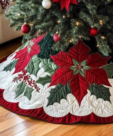 Scalloped Poinsettia & Berry Christmas Tree Skirt — Elegant Red Holiday Skirt With Scalloped Edge, Custom Sizes & Embroidered Options