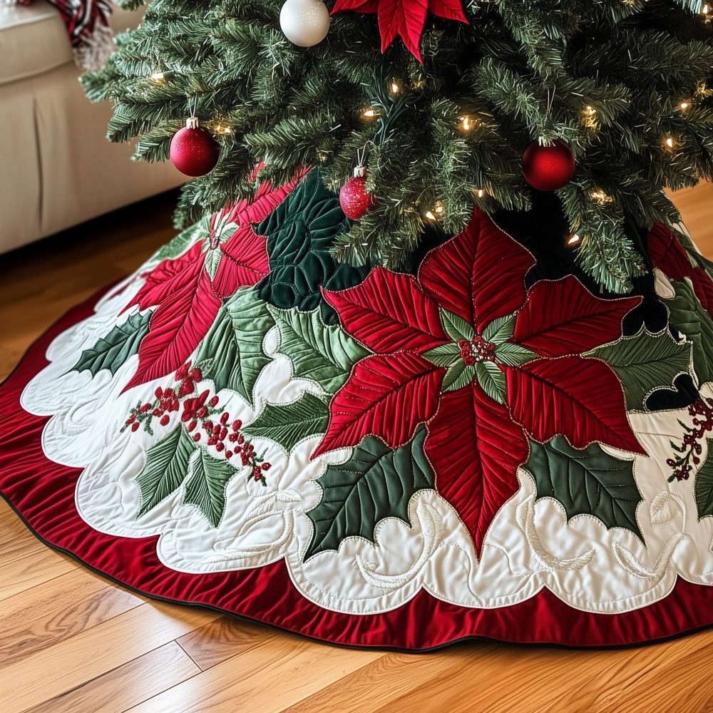 Scalloped Poinsettia & Berry Christmas Tree Skirt — Elegant Red Holiday Skirt With Scalloped Edge, Custom Sizes & Embroidered Options