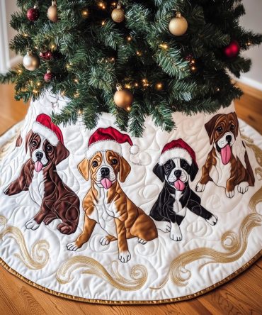 Santa Hat Boxer Pups Christmas Tree Skirt — Cute Custom Dog Holiday Skirt In Festive Red, Soft Washable 48–60 Inch Options