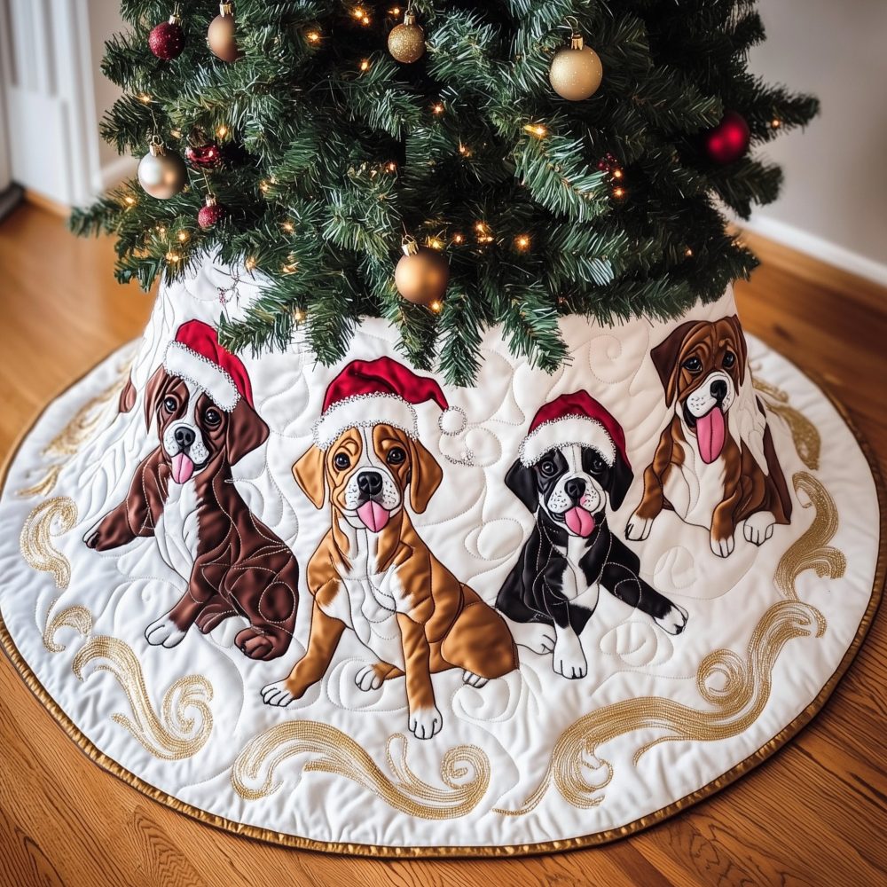 Santa Hat Boxer Pups Christmas Tree Skirt — Cute Custom Dog Holiday Skirt In Festive Red, Soft Washable 48–60 Inch Options
