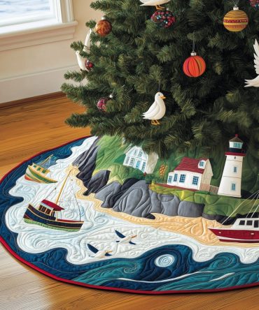 Custom Coastal Christmas Tree Skirt — Handmade Nautical Holiday Tree Collar With Beach Shells & Palm Motifs, Personalized Sizes