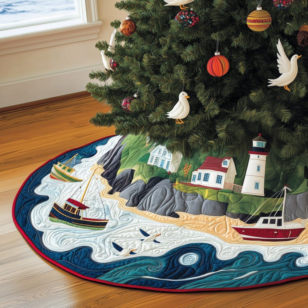 Custom Coastal Christmas Tree Skirt — Handmade Nautical Holiday Tree Collar With Beach Shells & Palm Motifs, Personalized Sizes