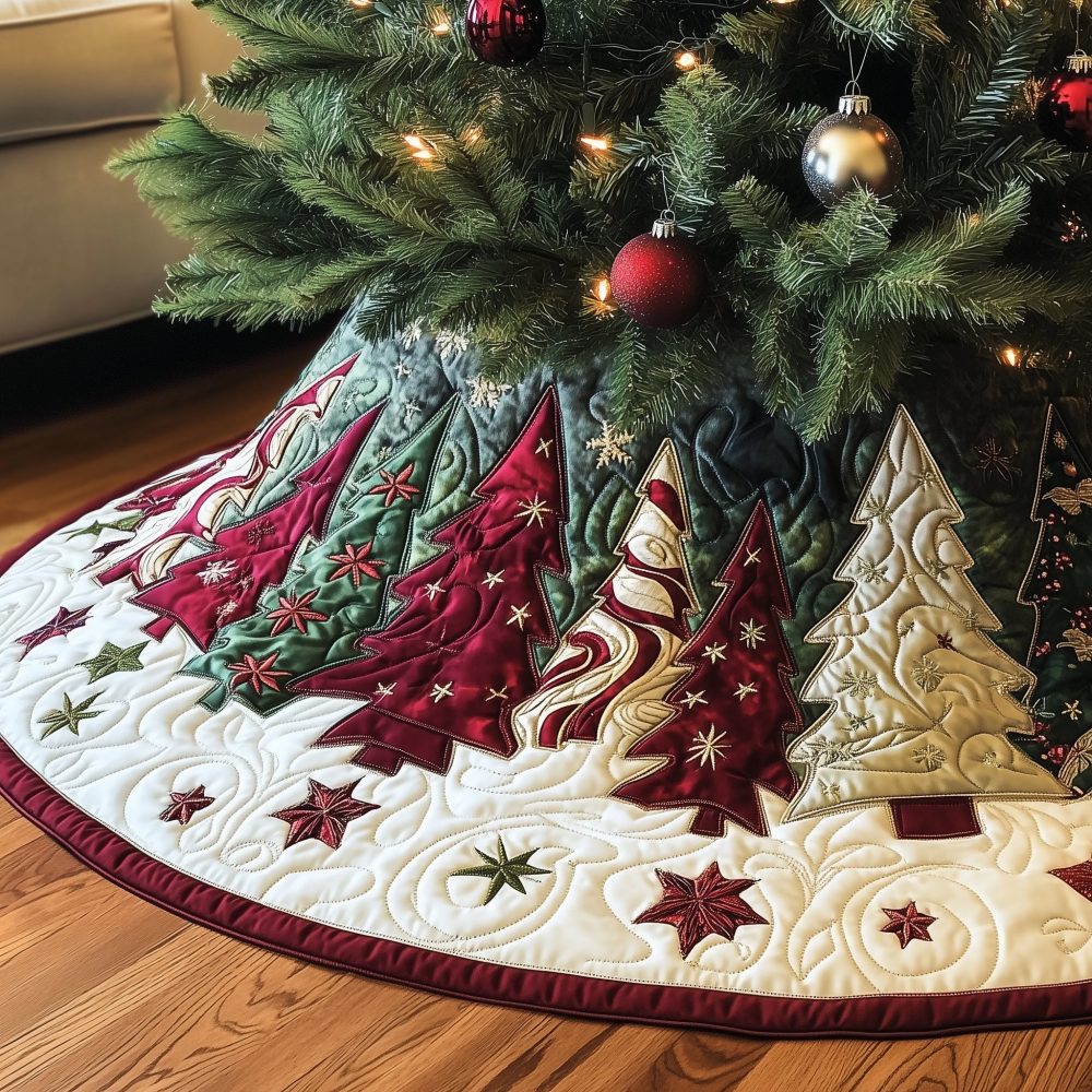 Crimson Trees With Gold Stars Holiday Skirt - Handcrafted Red & Gold Christmas Tree Skirt, Luxurious Accents & Custom Sizes