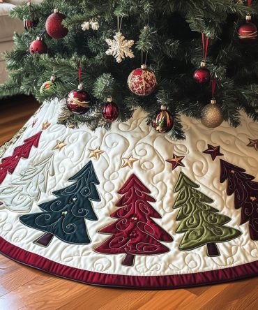 Ivory Swirl Tree Trio Holiday Skirt - Handcrafted Elegant Ivory Christmas Tree Skirt With Swirl Motif, Custom Fit & Premium Finish