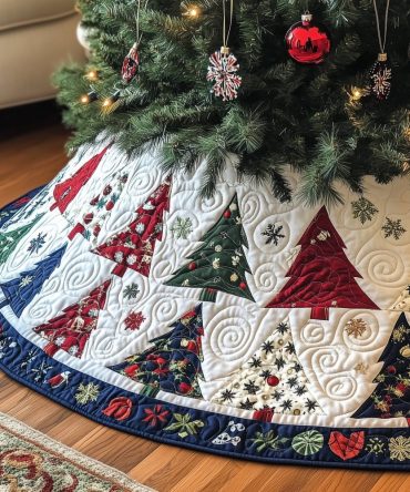 Calico Trees With Snow Border Tree Skirt - Handcrafted Patchwork Holiday Skirt, Colorful Calico Motifs & Custom Sizing Available