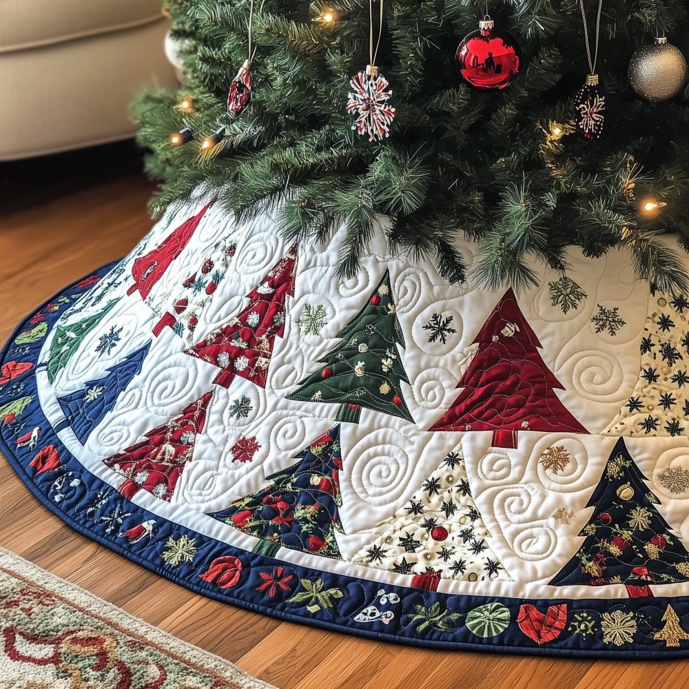 Calico Trees With Snow Border Tree Skirt - Handcrafted Patchwork Holiday Skirt, Colorful Calico Motifs & Custom Sizing Available