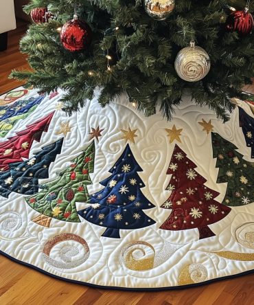 Starry Patch Trees On Cream Holiday Skirt - Handcrafted Neutral Christmas Tree Skirt With Star Accents, Custom Fit & Soft Fabric