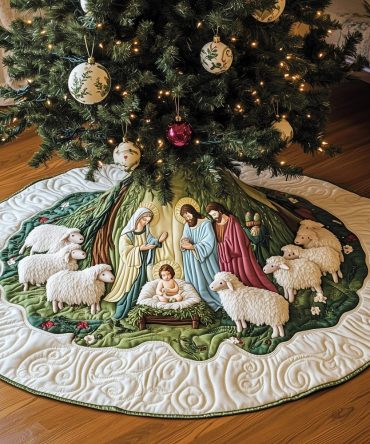 Meadow Nativity Tree Skirt — Custom Handcrafted Pastoral Christmas Base With Lush Meadow Nativity Artwork