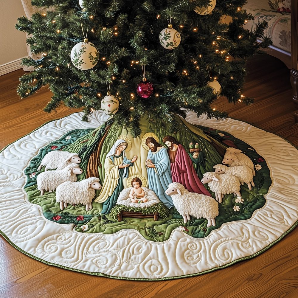 Meadow Nativity Tree Skirt — Custom Handcrafted Pastoral Christmas Base With Lush Meadow Nativity Artwork