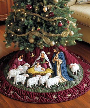 Burgundy Scroll Nativity Tree Skirt — Custom-Made Ornate Scrollwork Base For Luxurious Christmas Nativity Displays