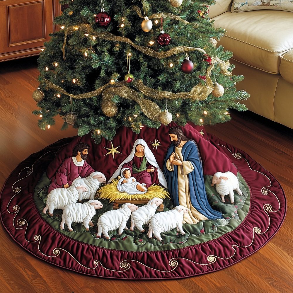 Burgundy Scroll Nativity Tree Skirt — Custom-Made Ornate Scrollwork Base For Luxurious Christmas Nativity Displays