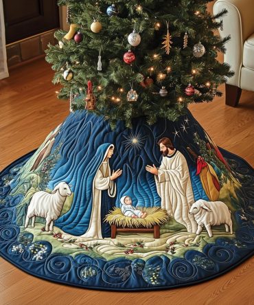 Night Sky Nativity Tree Skirt — Custom-Made Star-Filled Christmas Base With Dramatic Nocturnal Nativity Scene
