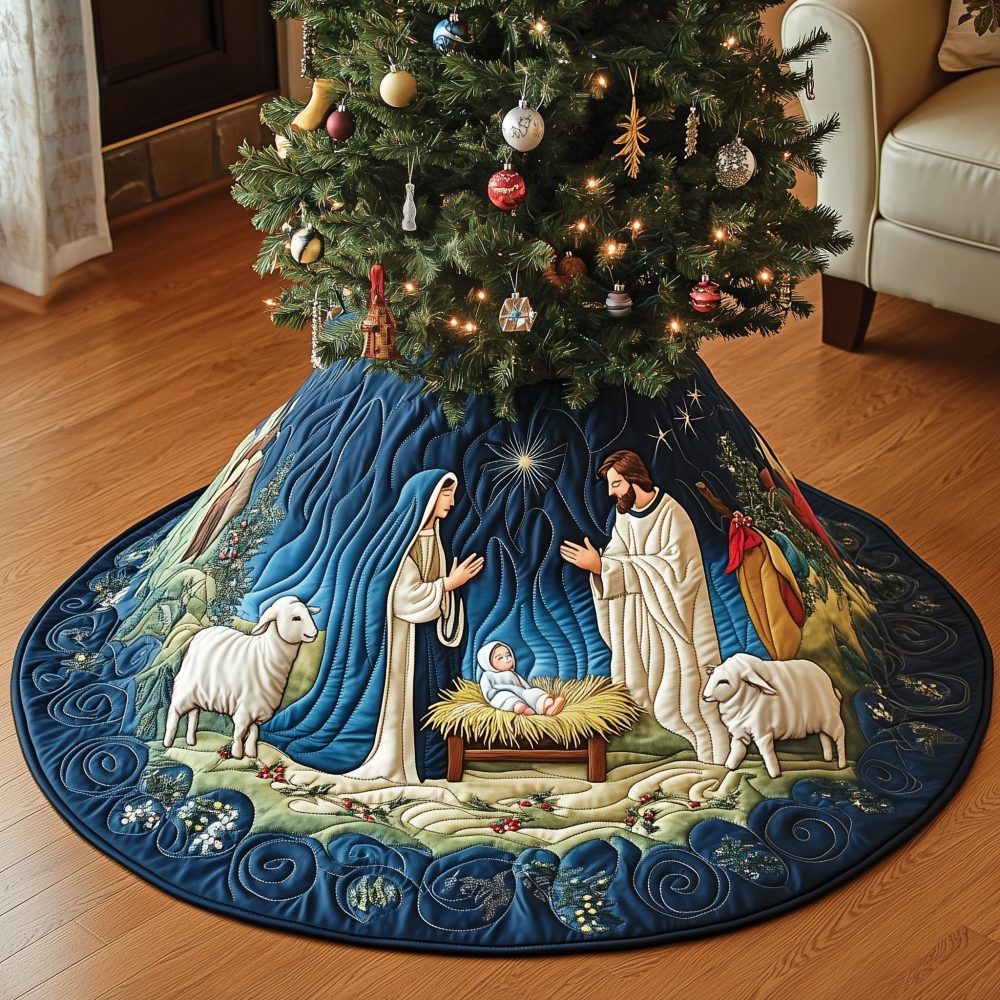 Night Sky Nativity Tree Skirt — Custom-Made Star-Filled Christmas Base With Dramatic Nocturnal Nativity Scene