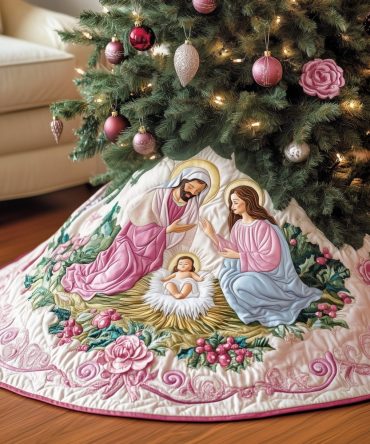Blush Roses Nativity Christmas Tree Skirt — Custom-Made Floral Nativity Base For Elegant Festive Home Décor