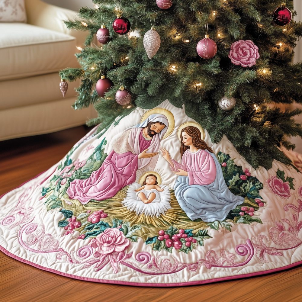 Blush Roses Nativity Christmas Tree Skirt — Custom-Made Floral Nativity Base For Elegant Festive Home Décor