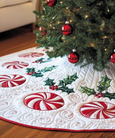 Festive Peppermint Swirl Christmas Tree Skirt — Handmade Red & White Holiday Tree Skirt, Custom Made-To-Order