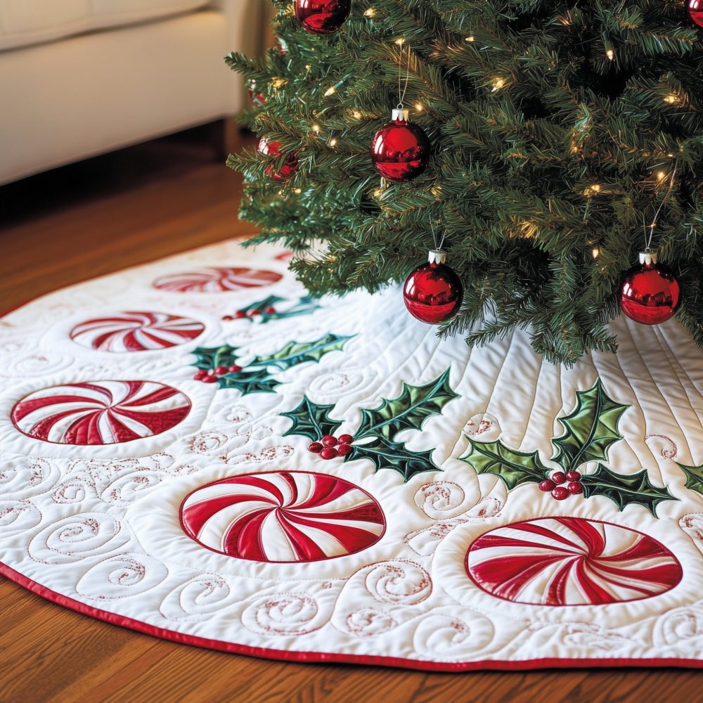 Festive Peppermint Swirl Christmas Tree Skirt — Handmade Red & White Holiday Tree Skirt, Custom Made-To-Order