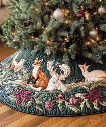 Woodland Animal Christmas Tree Skirt — Handcrafted Rustic Forest Tree Skirt With Deer & Fox Motifs, Custom Made-To-Order
