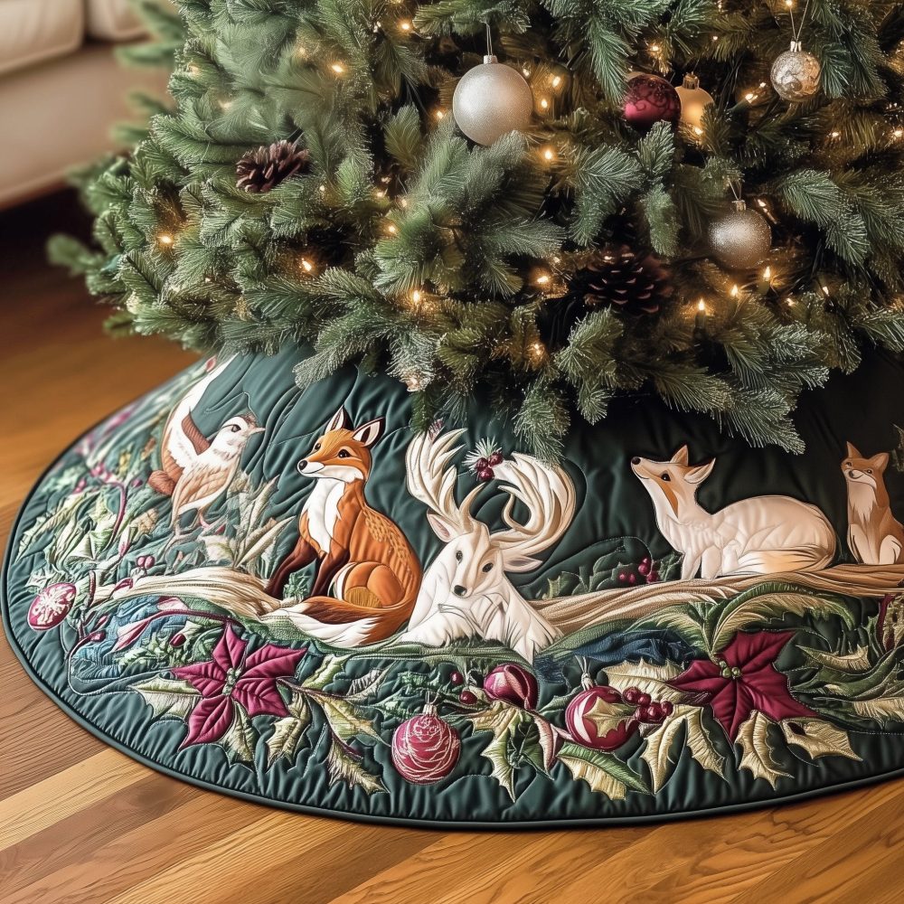 Woodland Animal Christmas Tree Skirt — Handcrafted Rustic Forest Tree Skirt With Deer & Fox Motifs, Custom Made-To-Order