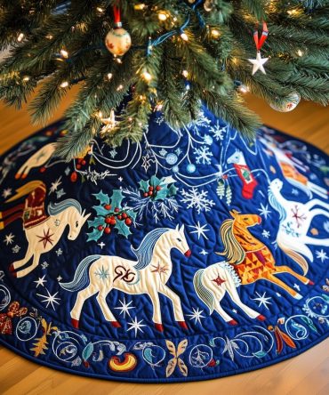 Royal Blue Unicorn & Pony Christmas Tree Skirt — Magical Handmade Holiday Skirt, Custom Sizes, Soft Luxe Fabric