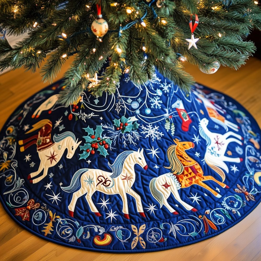 Royal Blue Unicorn & Pony Christmas Tree Skirt — Magical Handmade Holiday Skirt, Custom Sizes, Soft Luxe Fabric