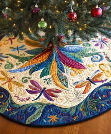 Parchment Jewel Dragonflies Christmas Tree Skirt - Vintage-Inspired Metallic Accents, Personalized Dimensions, Heirloom Quality Holiday Décor, Handmade