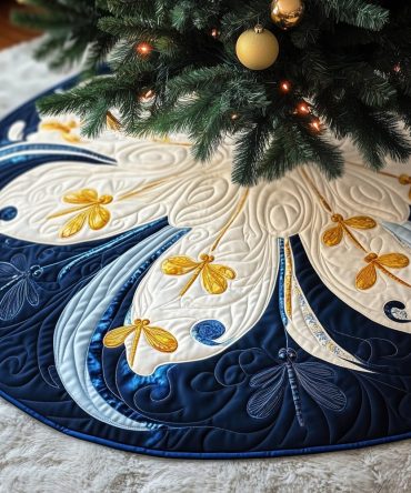 Midnight Golden Dragonfly Christmas Tree Skirt - Metallic Dragonfly Accent On Dark Backdrop, Custom Sizes, Luxe Holiday Decor, Gift For Nature Lovers