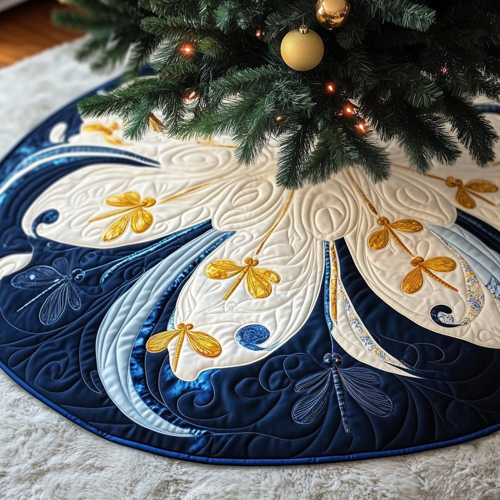 Midnight Golden Dragonfly Christmas Tree Skirt - Metallic Dragonfly Accent On Dark Backdrop, Custom Sizes, Luxe Holiday Decor, Gift For Nature Lovers