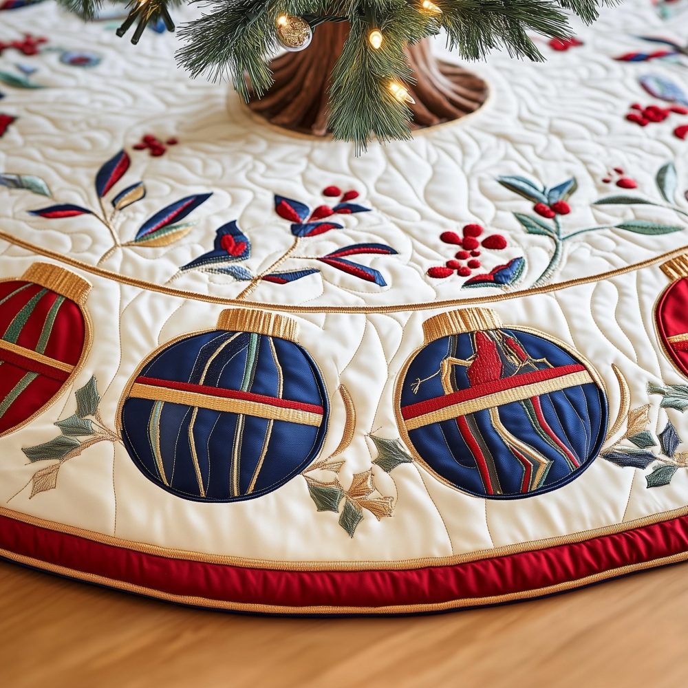 Berry Leaf & Bauble Band Christmas Tree Skirt - Festive Botanical Design, Custom-Made Sizes, Durable Fabric, Handmade Holiday Accent & Gift Option