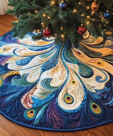 Blue And Gold Peacock Feather Christmas Tree Skirt - Made-To-Order Handcrafted Tree Skirt For Luxe Holiday Decor