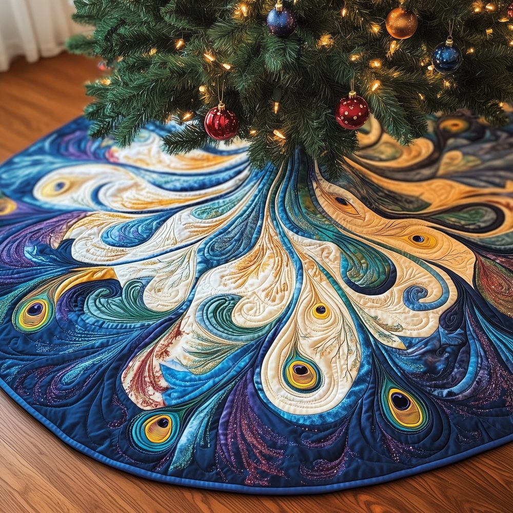Blue And Gold Peacock Feather Christmas Tree Skirt - Made-To-Order Handcrafted Tree Skirt For Luxe Holiday Decor