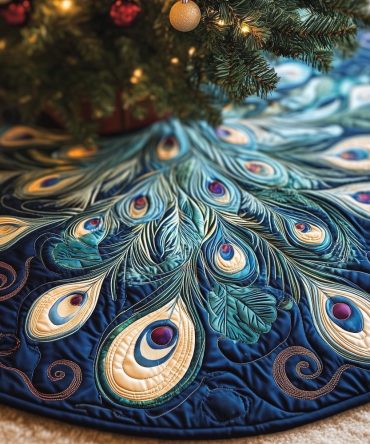 Teal Peacock Plume Christmas Tree Skirt - Handcrafted Made-To-Order Holiday Skirt For Stylish Seasonal Decor