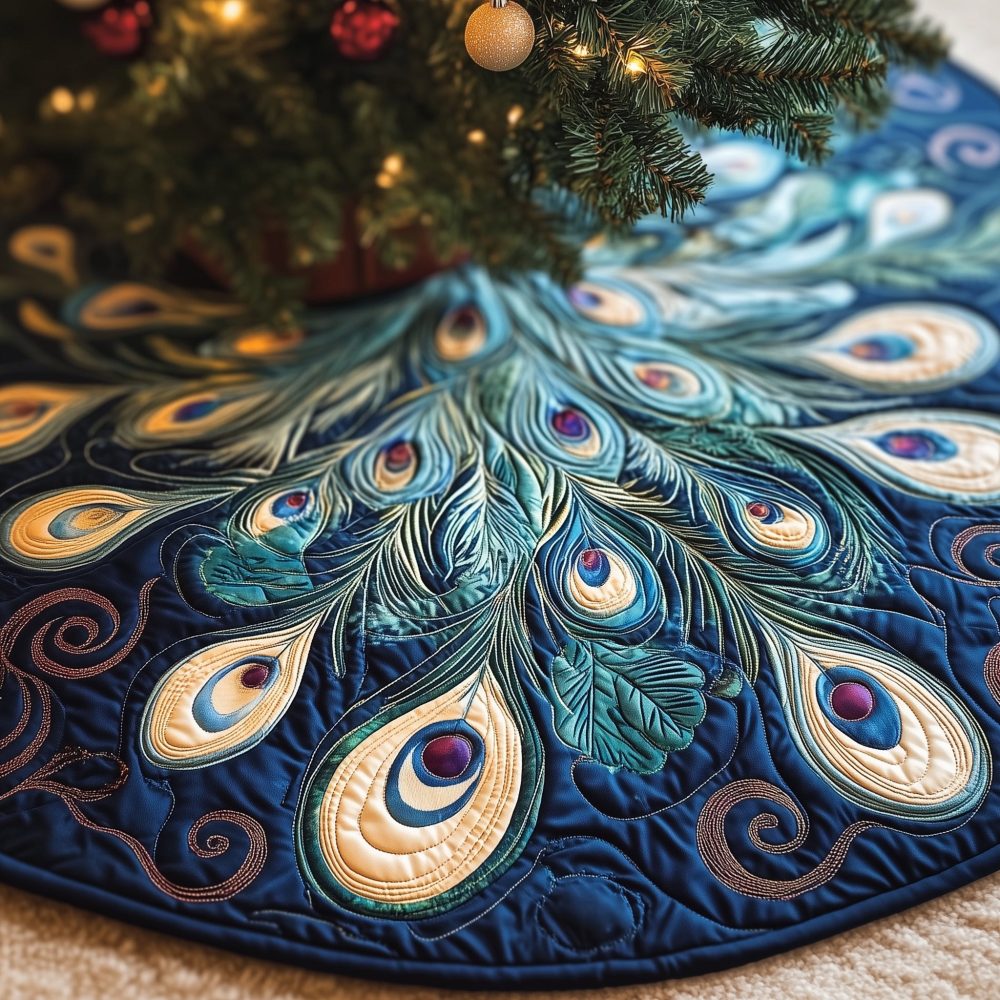 Teal Peacock Plume Christmas Tree Skirt - Handcrafted Made-To-Order Holiday Skirt For Stylish Seasonal Decor