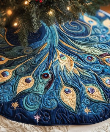 Blue Peacock Plumes & Snowflakes Christmas Tree Skirt - Made-To-Order Handcrafted Winter Holiday Décor