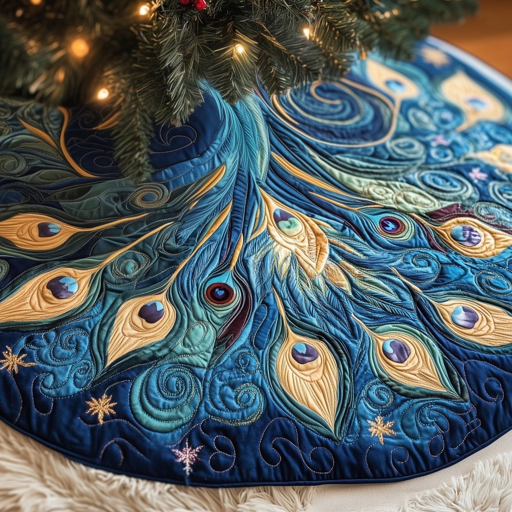 Blue Peacock Plumes & Snowflakes Christmas Tree Skirt - Made-To-Order Handcrafted Winter Holiday Décor