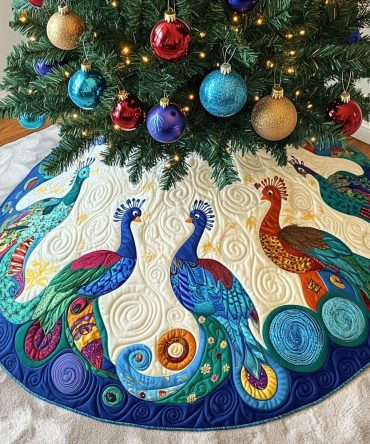 Vivid Peacock Motif Christmas Tree Skirt On Teal Swirls - Made-To-Order Handcrafted Holiday Centerpiece