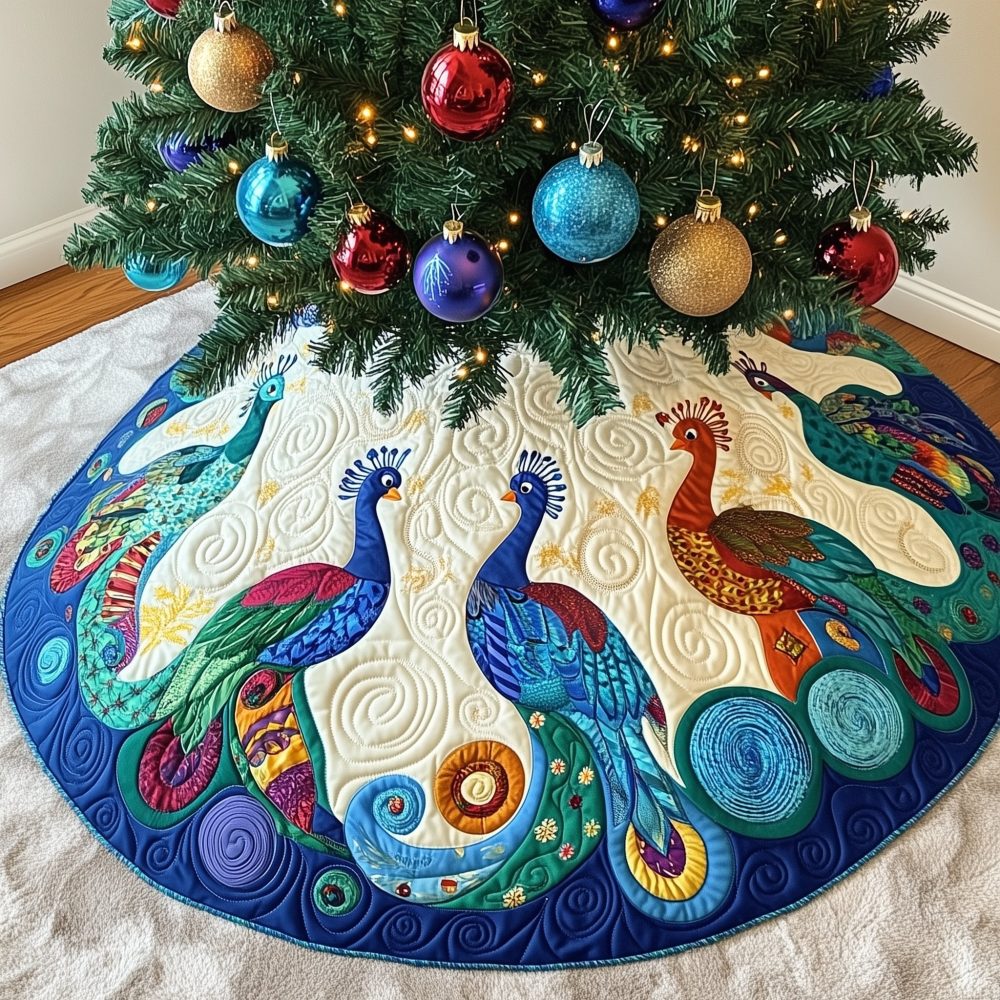 Vivid Peacock Motif Christmas Tree Skirt On Teal Swirls - Made-To-Order Handcrafted Holiday Centerpiece