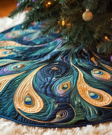 Swirling Teal And Gold Feather Christmas Tree Skirt - Handcrafted Made-To-Order Holiday Décor For Elegant Homes